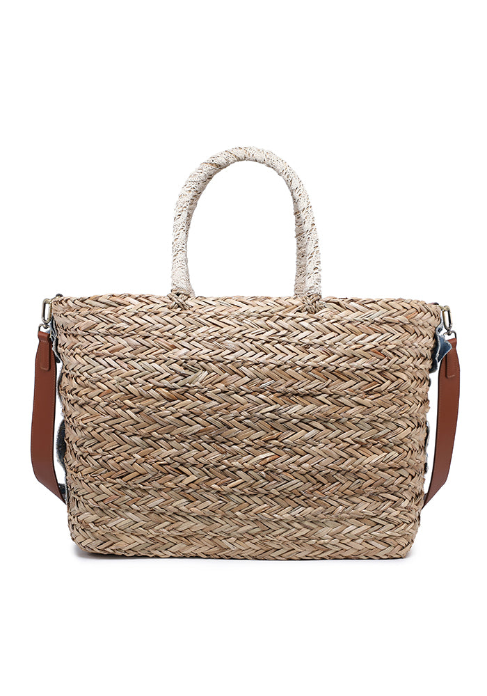 KASSANDRA Elegant Blue Floral Embroidered Straw Tote Bag