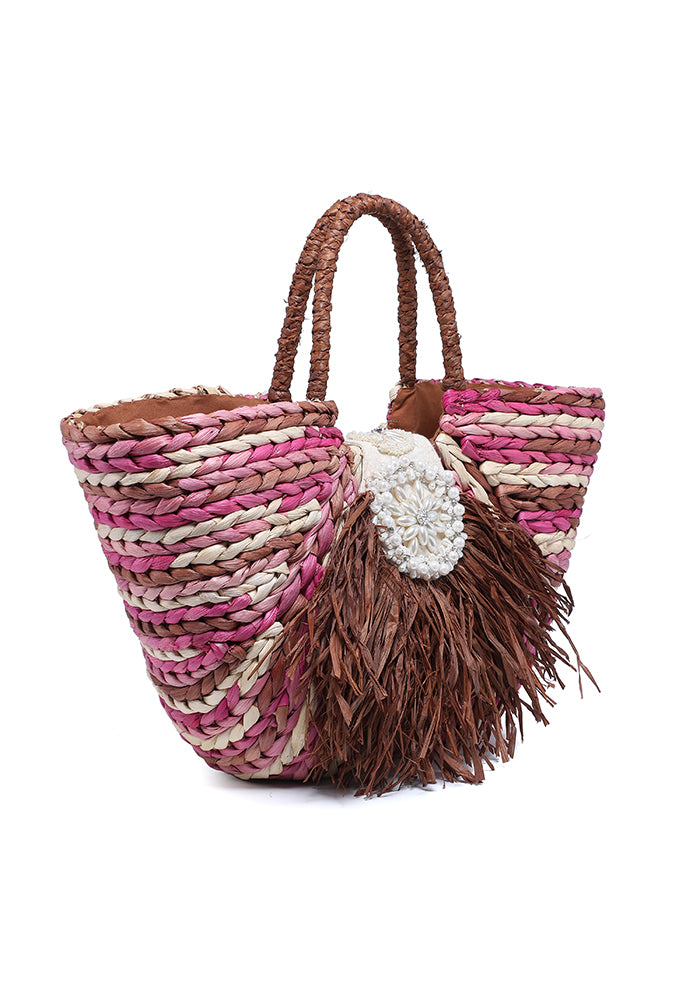 KASSANDRA Multi-Color Striped Straw Tote Bag with Floral Accent