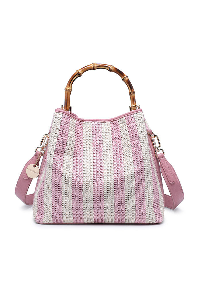 KASSANDRA Chic Striped Woven Tote Bag with Bamboo Handle Pink