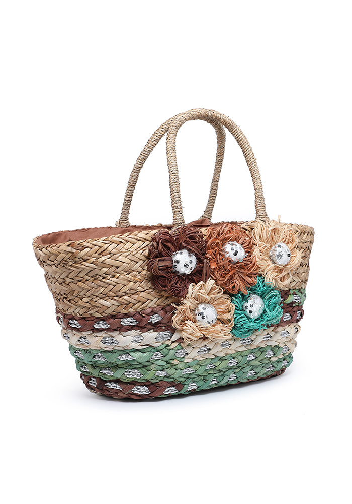Floral Embellished Straw Tote Bag