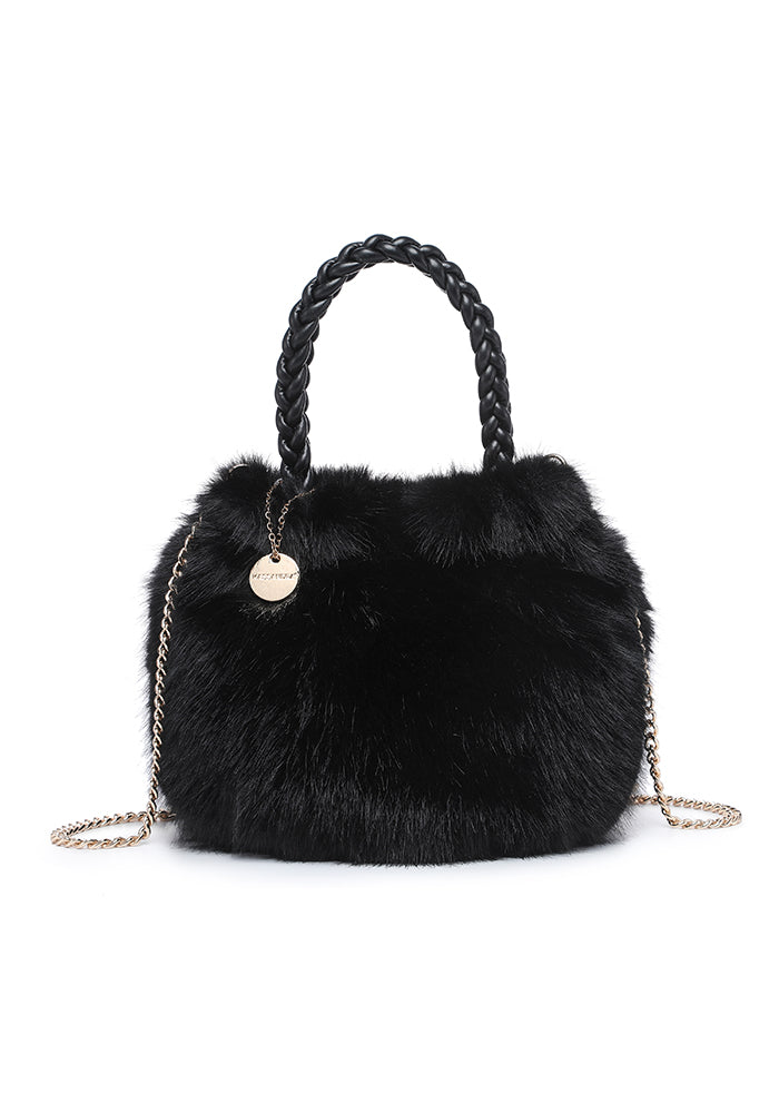 Faux Fur Braided-Handle Mini Bucket Tote