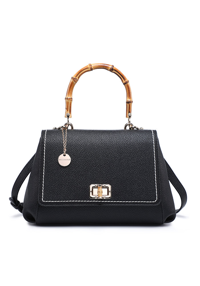 Elegant Leather Handbag with Bamboo Handle