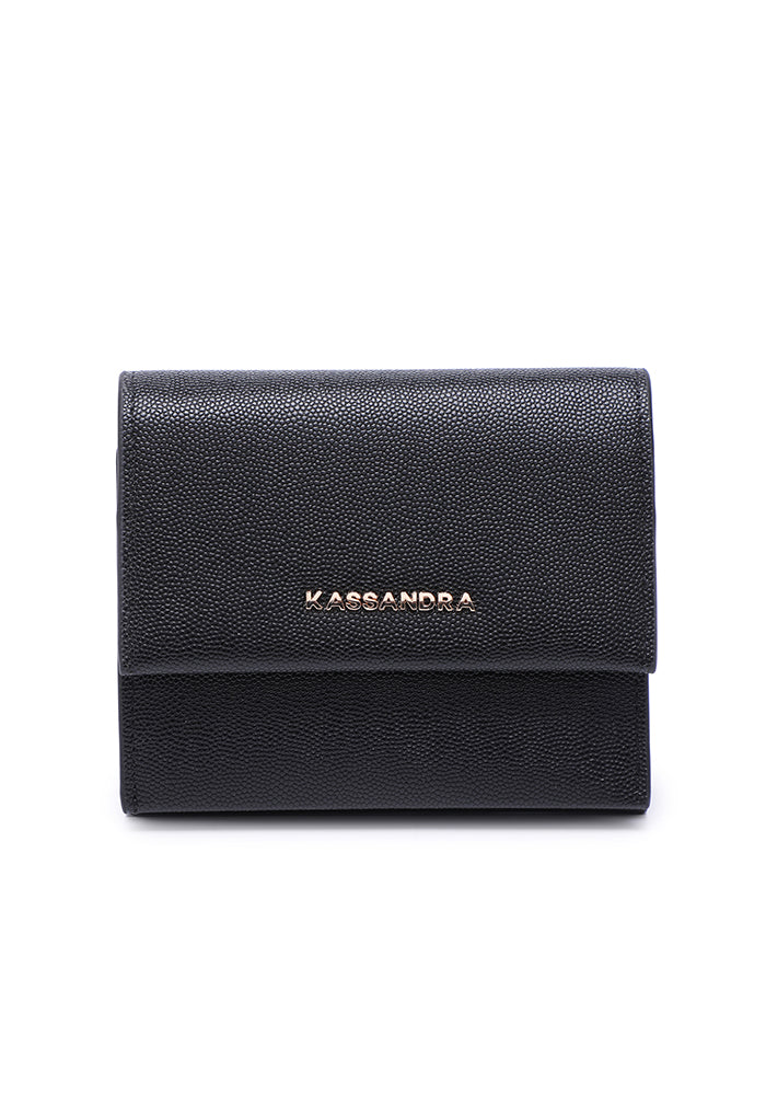 KASSANDRA Compact Tri-Fold Leather Wallet Black