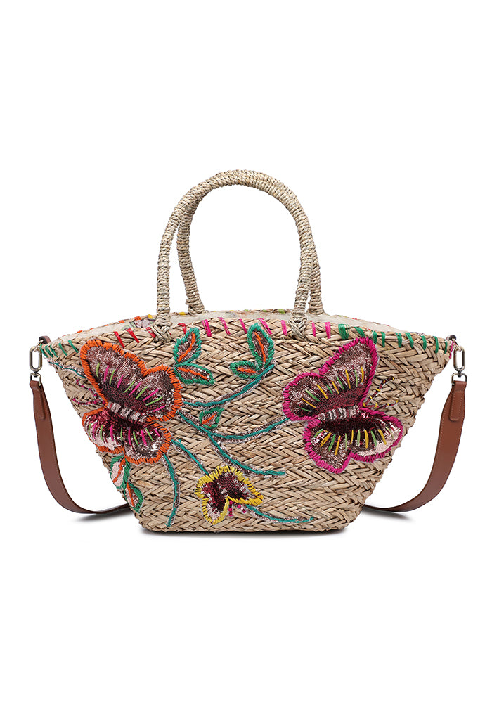 KASSANDRA Vibrant Floral Embroidered Straw Tote Bag Orange