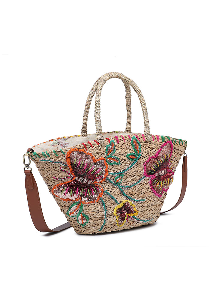 KASSANDRA Vibrant Floral Embroidered Straw Tote Bag