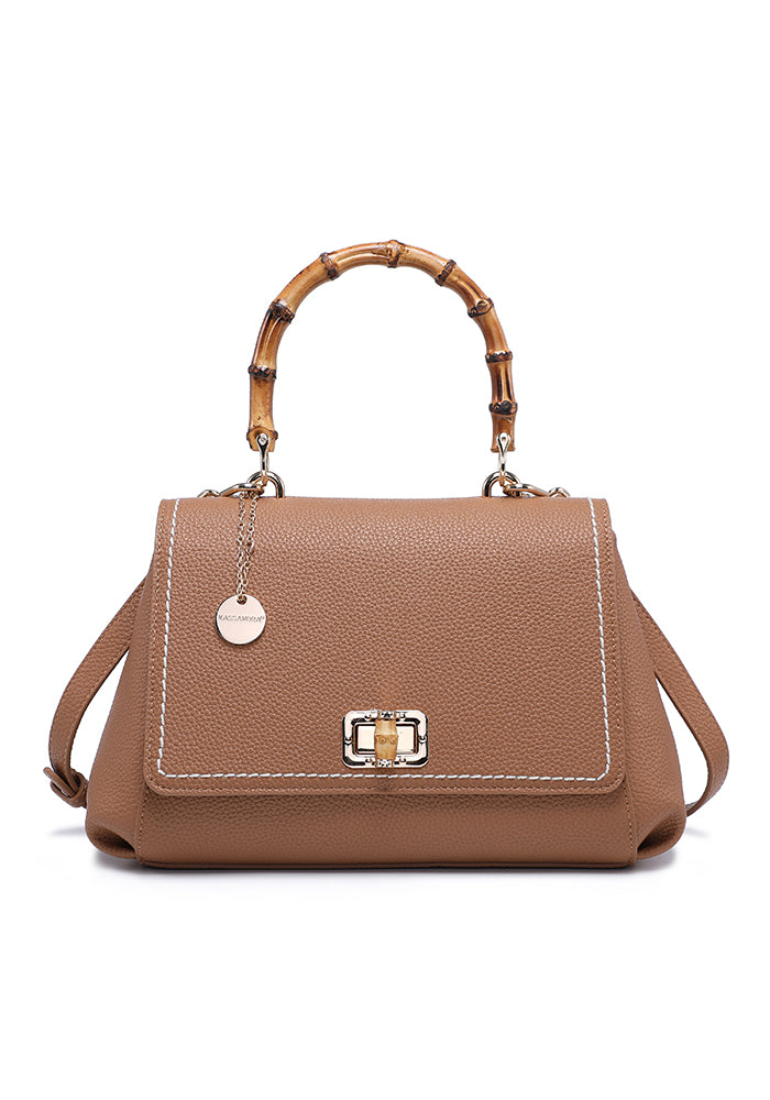Elegant Leather Handbag with Bamboo Handle