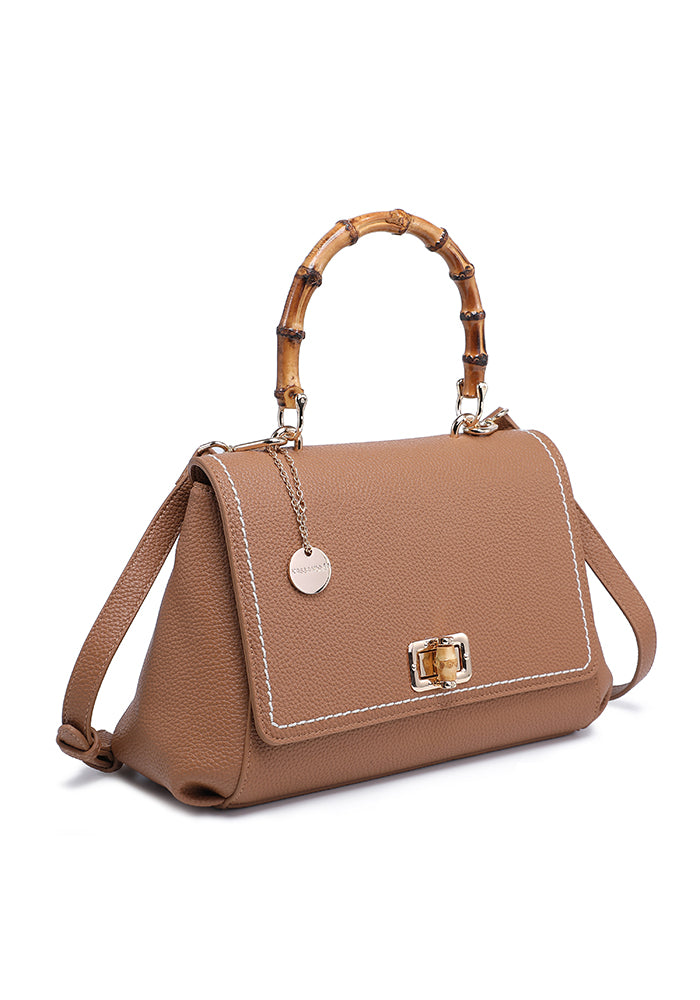 Elegant Leather Handbag with Bamboo Handle