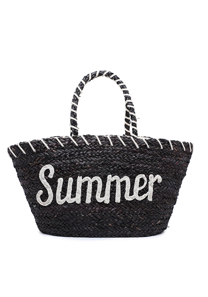 KASSANDRA Embroidered Text Straw Tote Bag Black