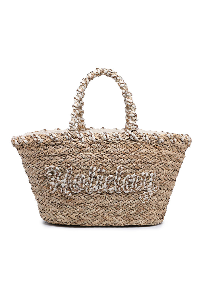 KASSANDRA Embroidered Text Straw Tote Bag Light Brown