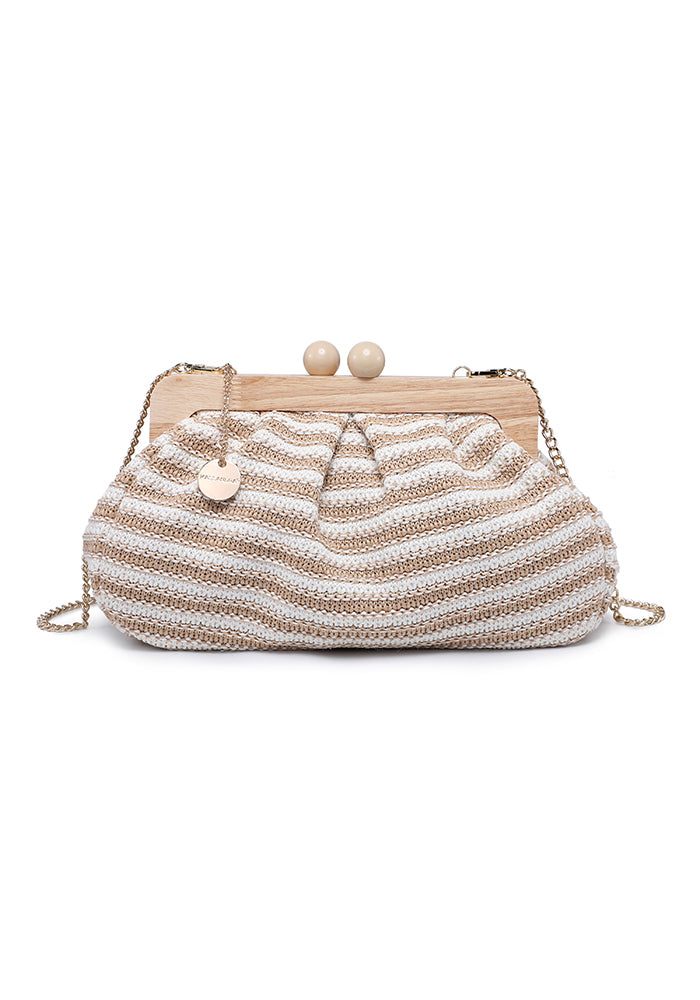 KASSANDRA Striped Woven Clutch Bag with Wooden Frame Beige