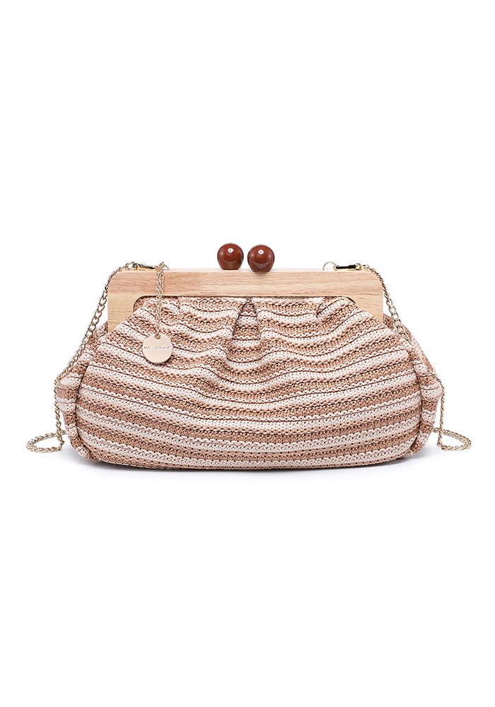 KASSANDRA Striped Woven Clutch Bag with Wooden Frame Taupe