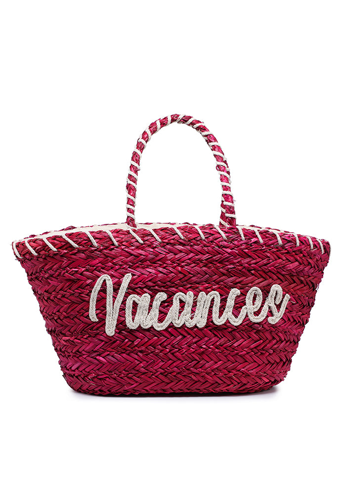 KASSANDRA Embroidered Text Straw Tote Bag Pink