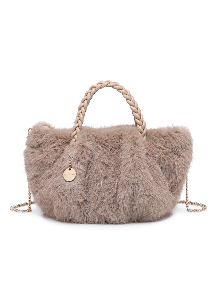 Faux Fur Braided-Handle Chain Tote
