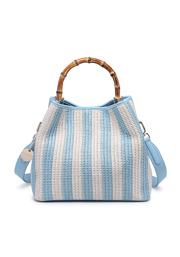 KASSANDRA Chic Striped Woven Tote Bag with Bamboo Handle Blue