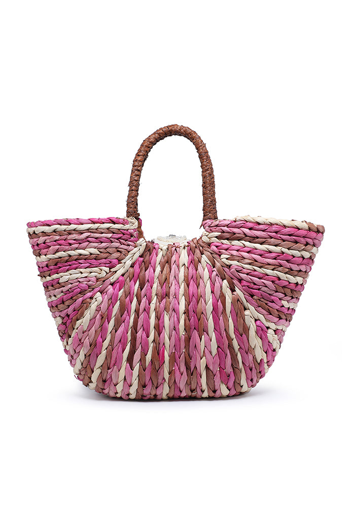 KASSANDRA Multi-Color Striped Straw Tote Bag with Floral Accent