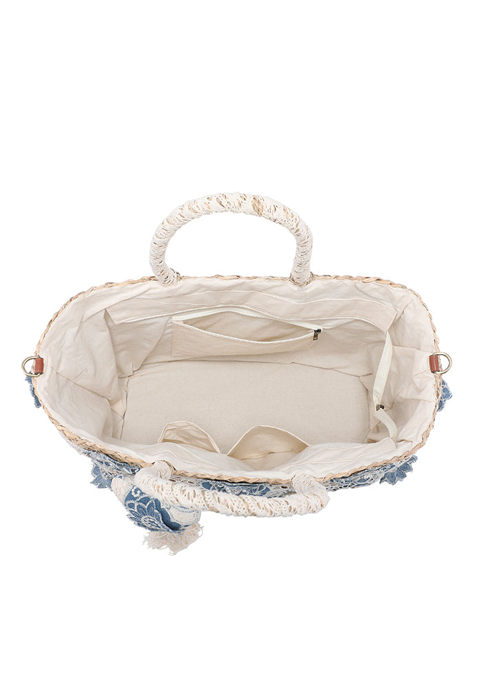 KASSANDRA Elegant Blue Floral Embroidered Straw Tote Bag