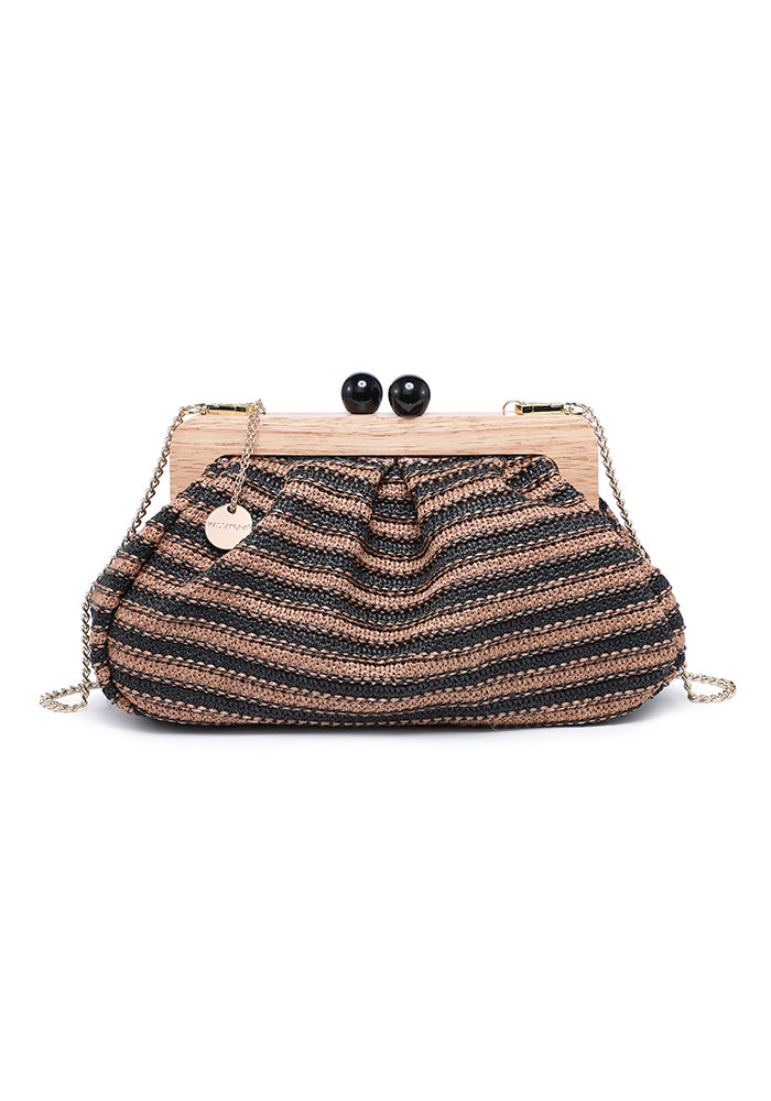 KASSANDRA Striped Woven Clutch Bag with Wooden Frame Dark Brown