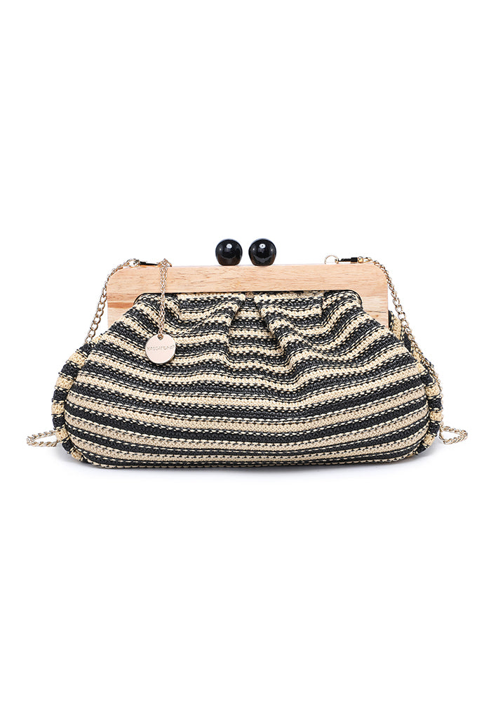 KASSANDRA Striped Woven Clutch Bag with Wooden Frame Black