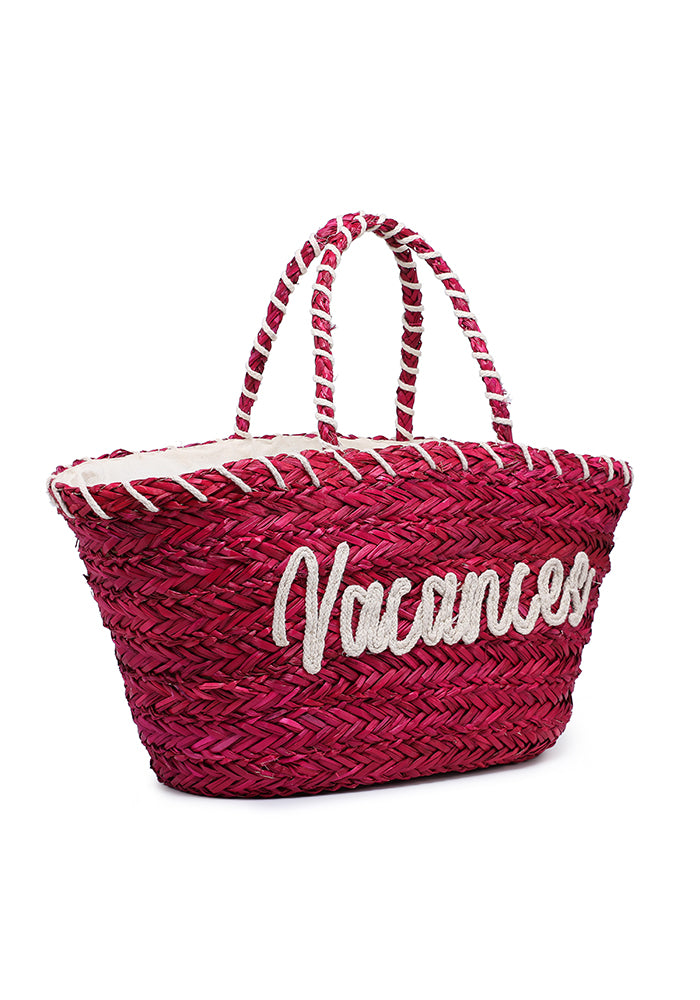 KASSANDRA Embroidered Text Straw Tote Bag