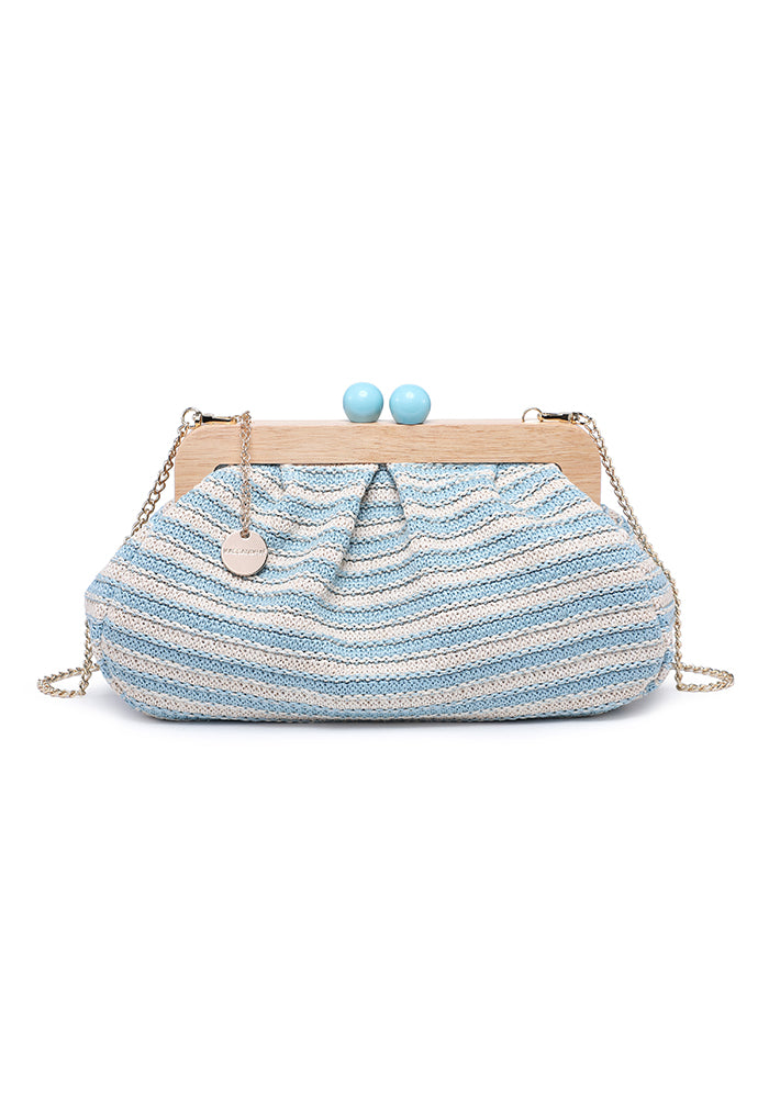 KASSANDRA Striped Woven Clutch Bag with Wooden Frame Blue