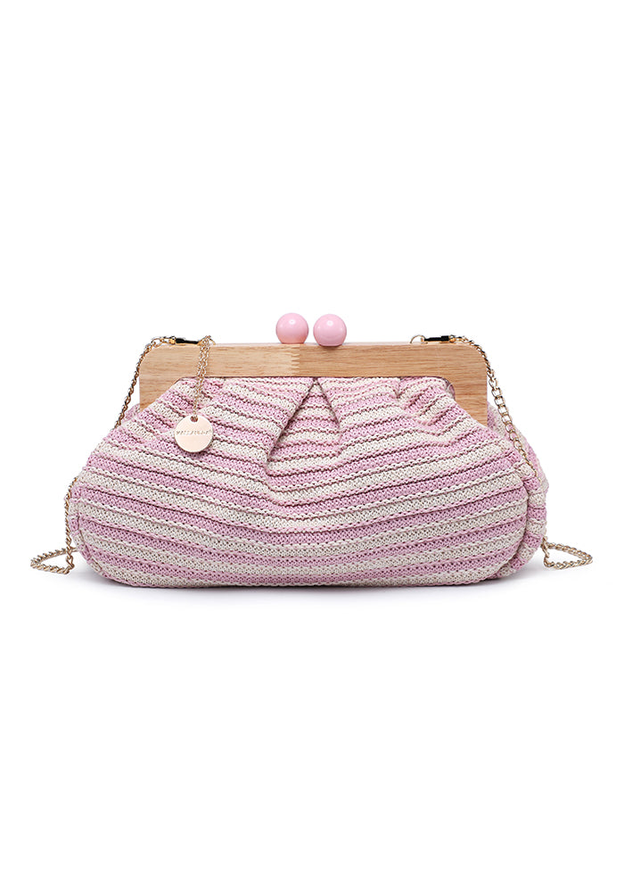 KASSANDRA Striped Woven Clutch Bag with Wooden Frame Pink