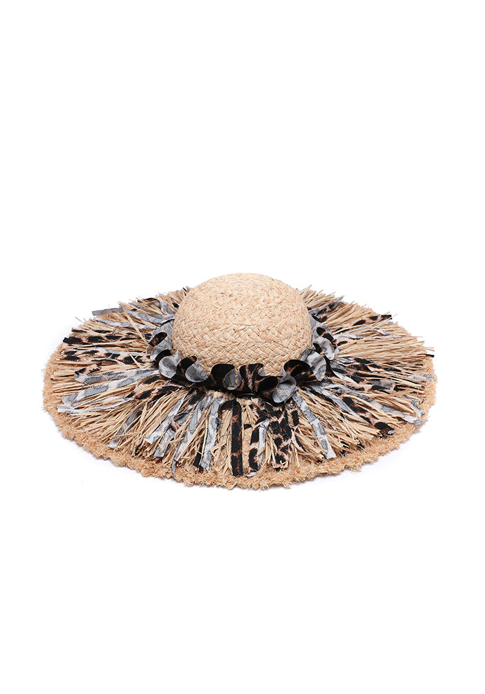 KASSANDRA Leopard Print Fringed Straw Hat Black