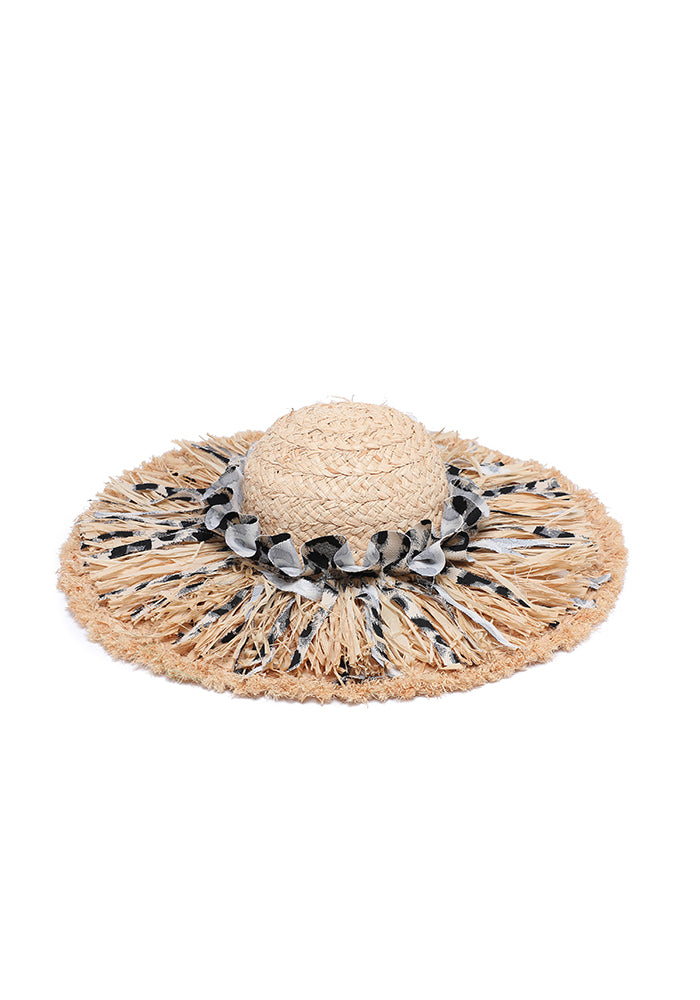 KASSANDRA Leopard Print Fringed Straw Hat Silver