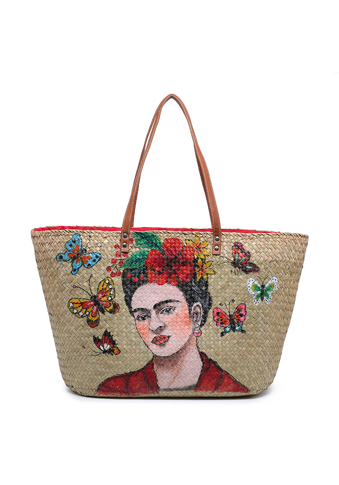 KASSANDRA Frida Kahlo Hand-Painted Straw Tote Bag Dark Red