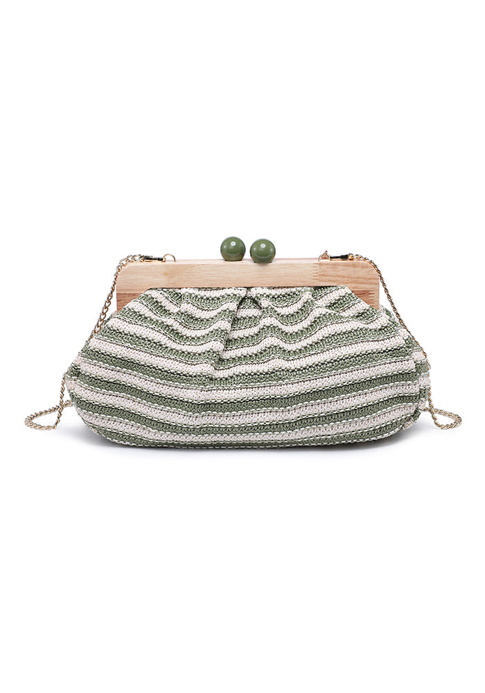 KASSANDRA Striped Woven Clutch Bag with Wooden Frame Green