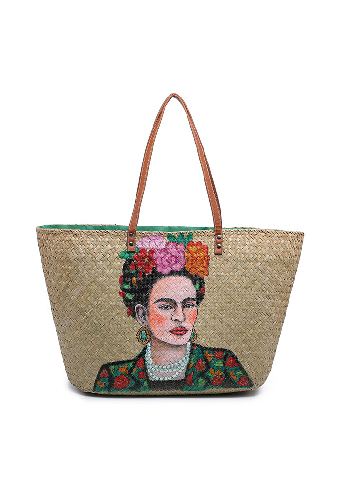 KASSANDRA Frida Kahlo Hand-Painted Straw Tote Bag Green