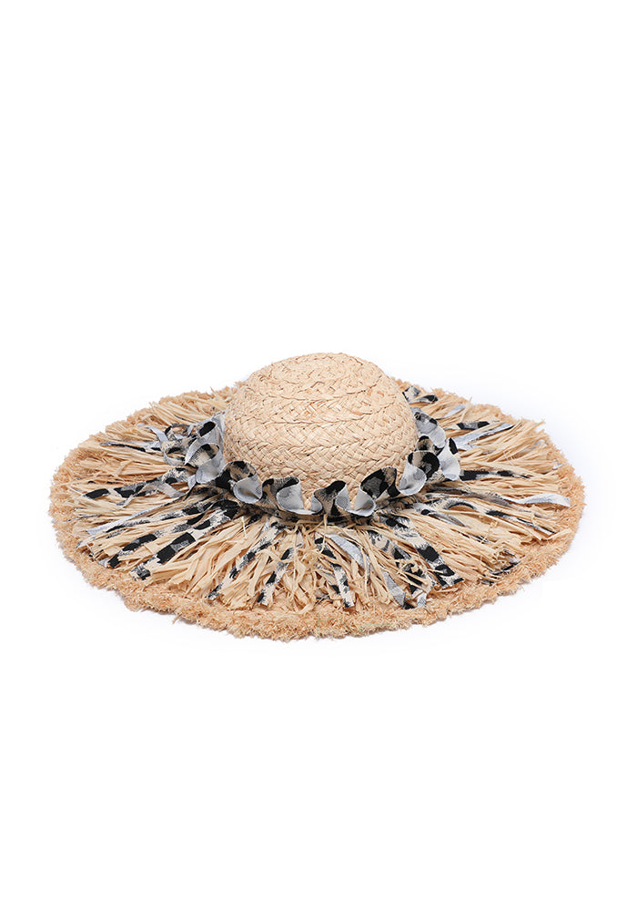 KASSANDRA Leopard Print Fringed Straw Hat