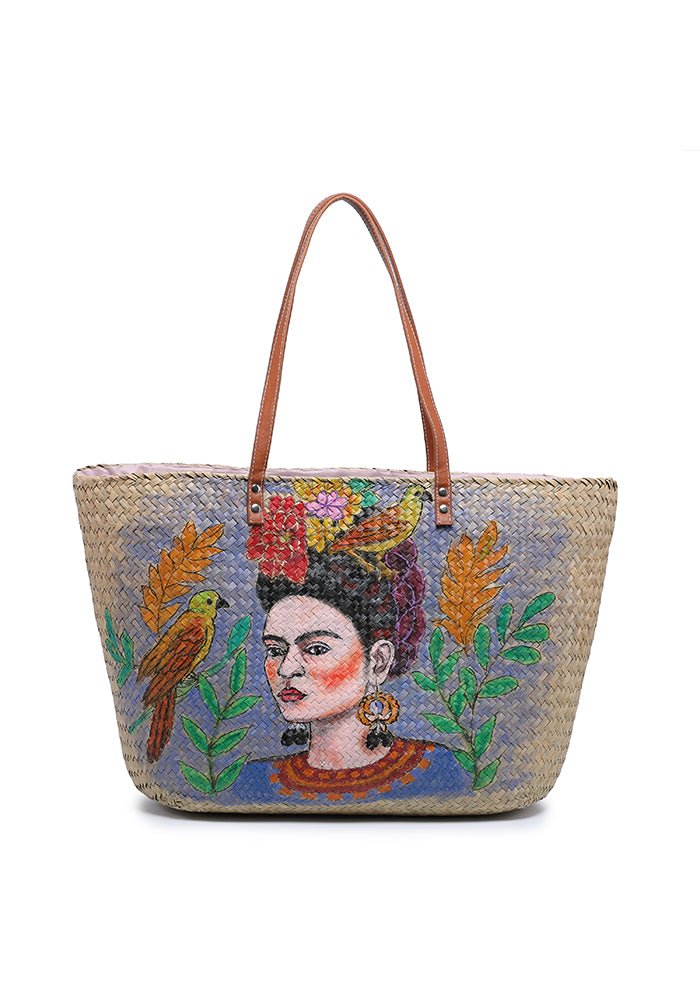 KASSANDRA Frida Kahlo Hand-Painted Straw Tote Bag Purple