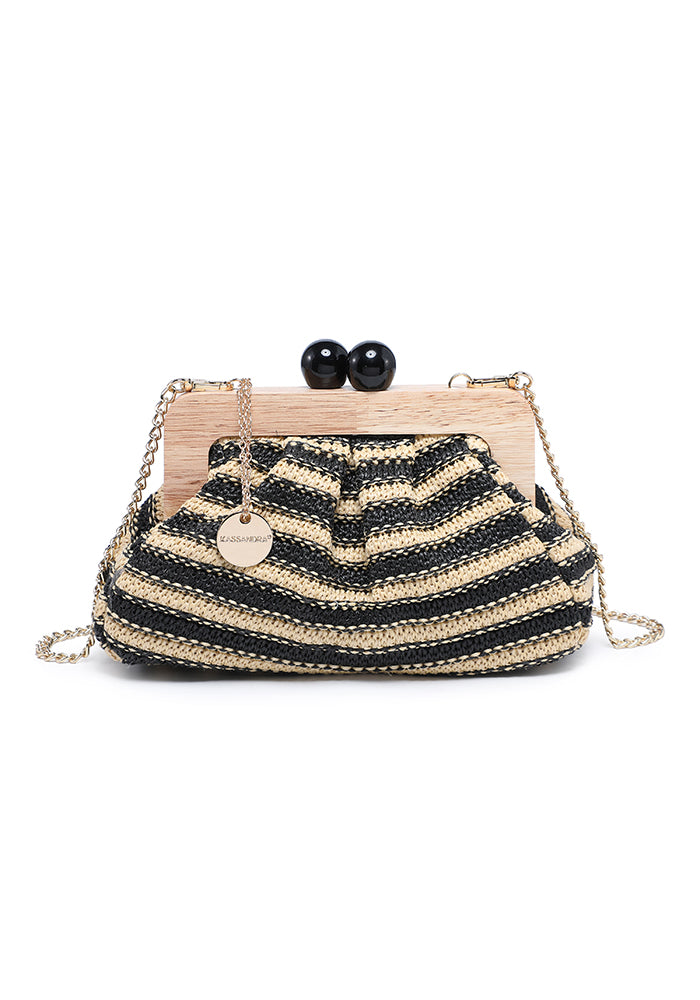 KASSANDRA Striped Woven Clutch Bag with Wooden Frame Black