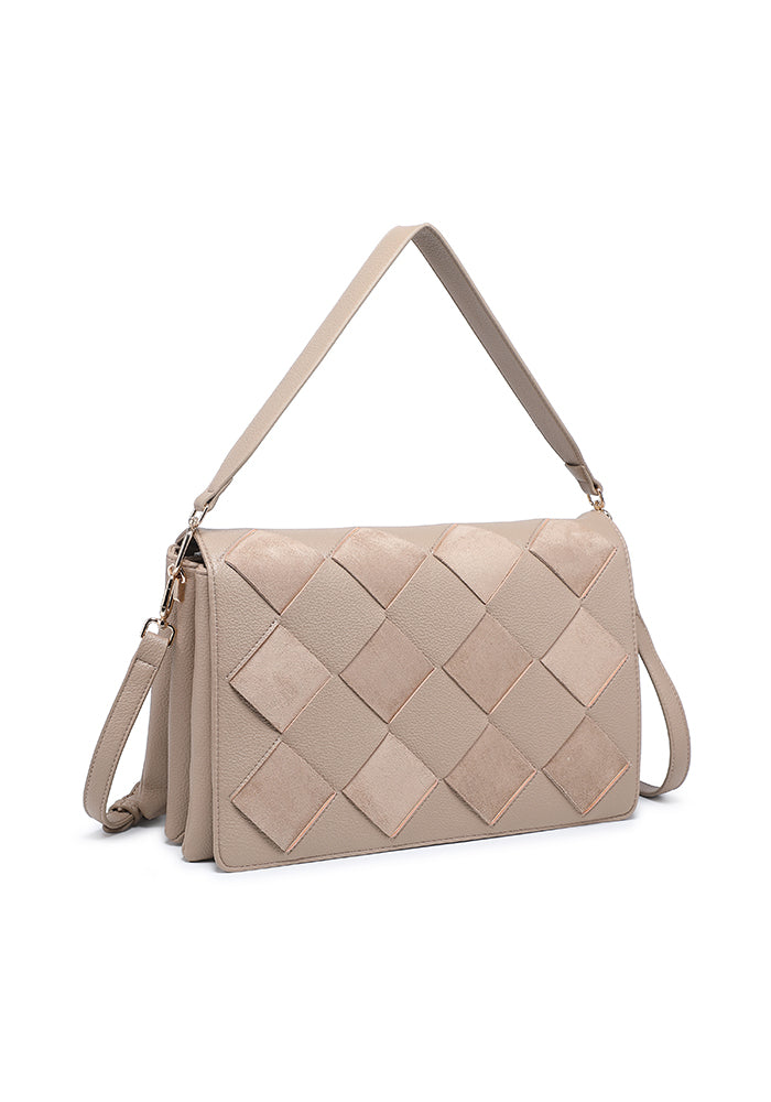 Woven Patchwork Accordion Flap Shoulder Bag