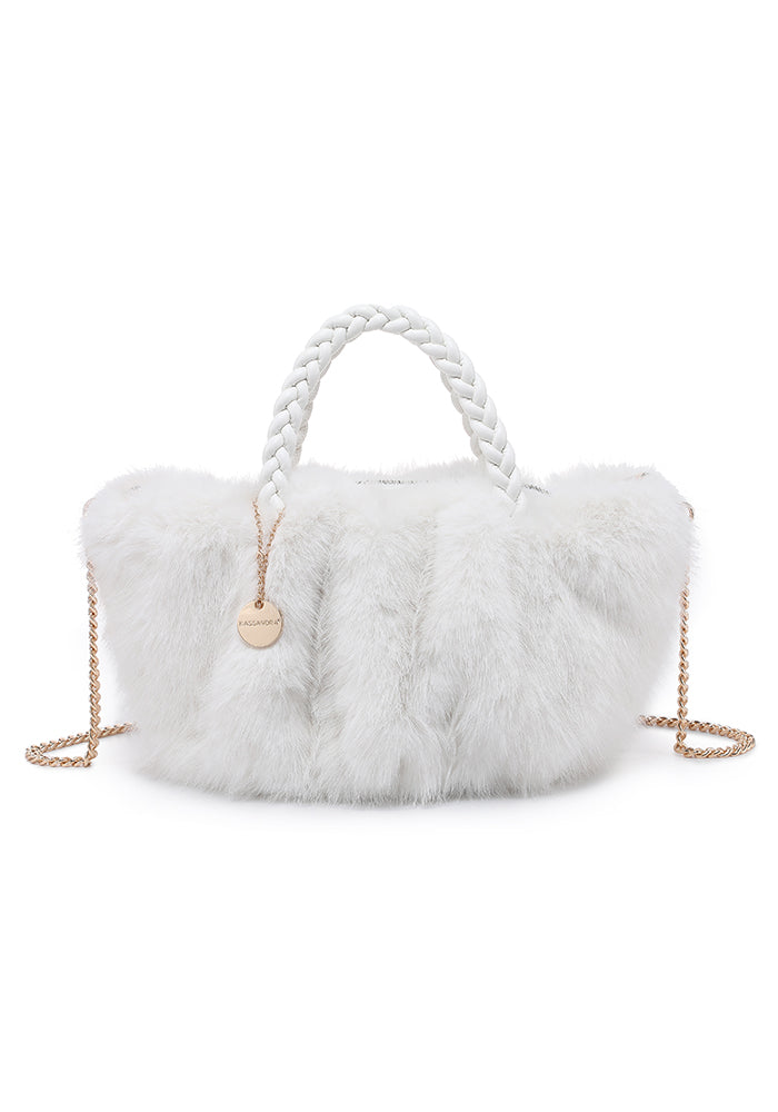 Faux Fur Braided-Handle Chain Tote