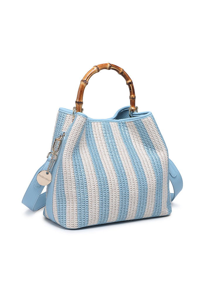 KASSANDRA Chic Striped Woven Tote Bag with Bamboo Handle