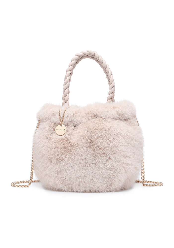 Faux Fur Braided-Handle Mini Bucket Tote