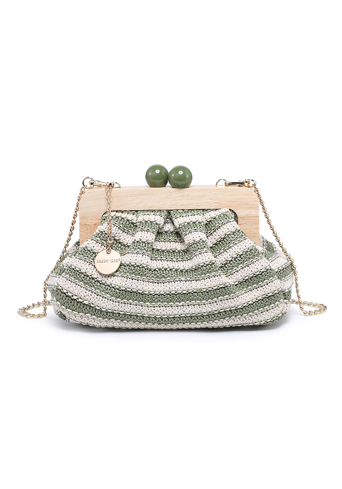 KASSANDRA Striped Woven Clutch Bag with Wooden Frame Green