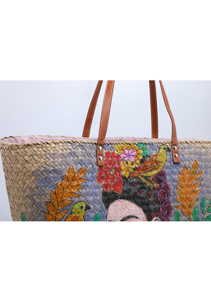 KASSANDRA Frida Kahlo Hand-Painted Straw Tote Bag