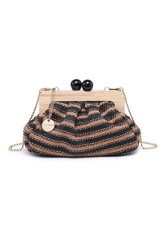 KASSANDRA Striped Woven Clutch Bag with Wooden Frame Dark Brown