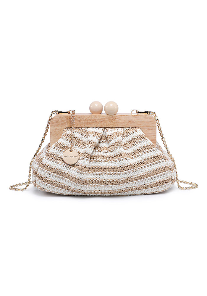 KASSANDRA Striped Woven Clutch Bag with Wooden Frame Beige