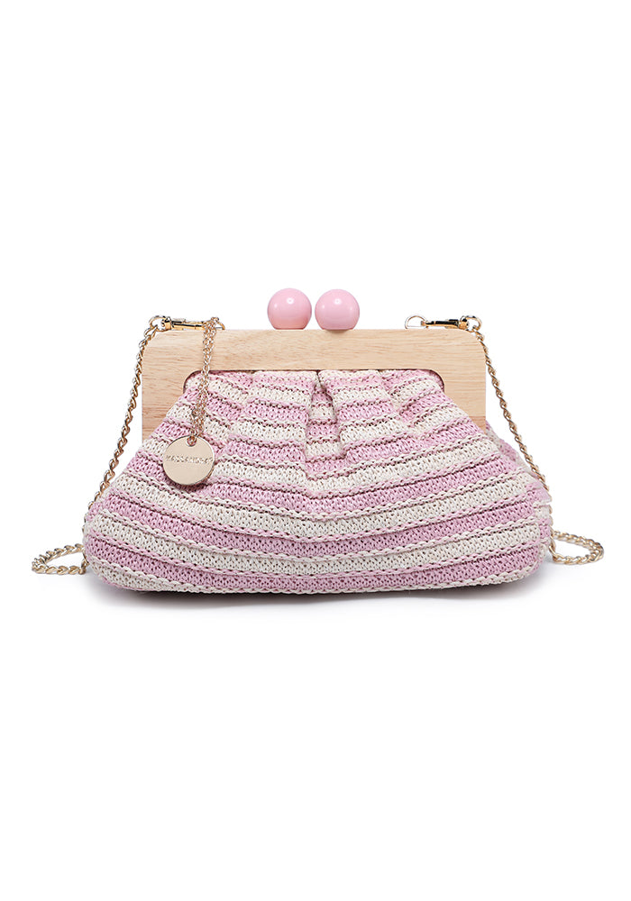 KASSANDRA Striped Woven Clutch Bag with Wooden Frame Pink