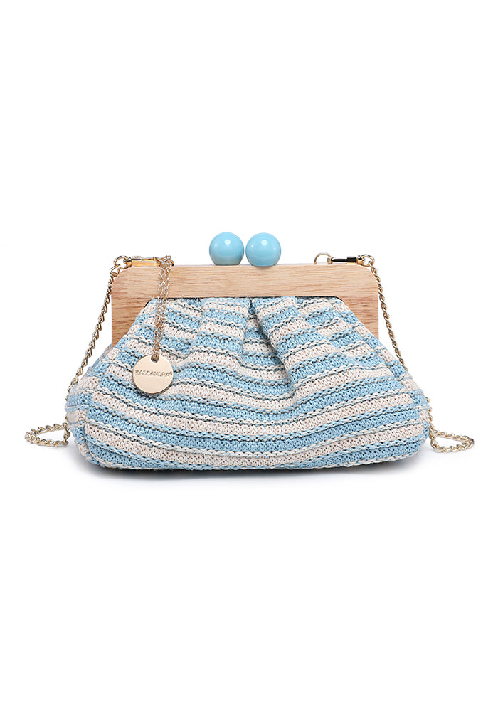 KASSANDRA Striped Woven Clutch Bag with Wooden Frame Navy