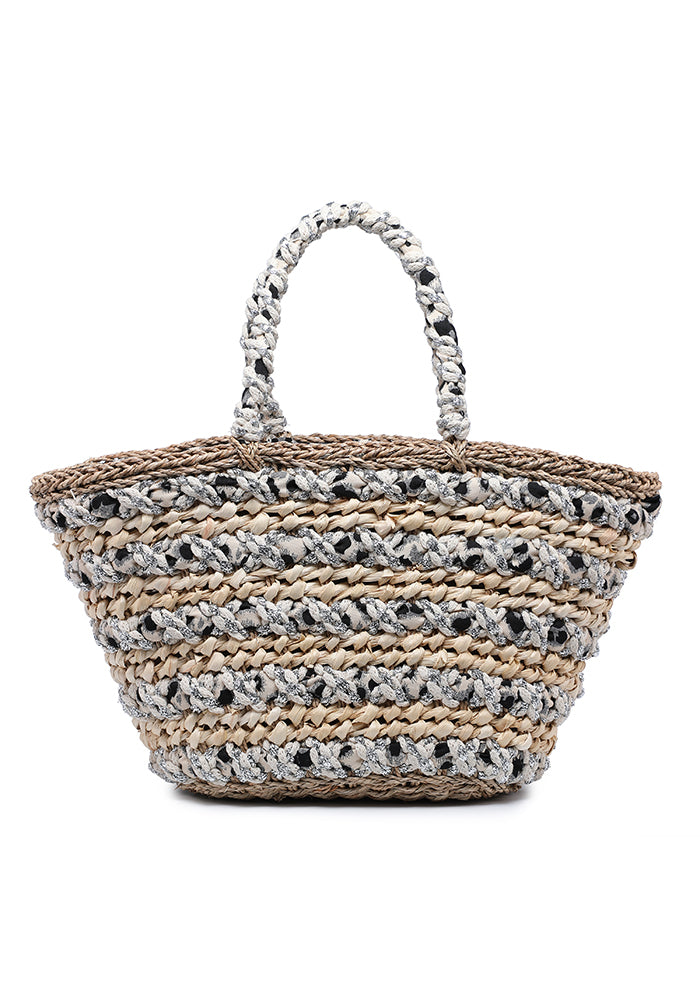 Metallic Braided Straw Tote Bag with Leopard Lining