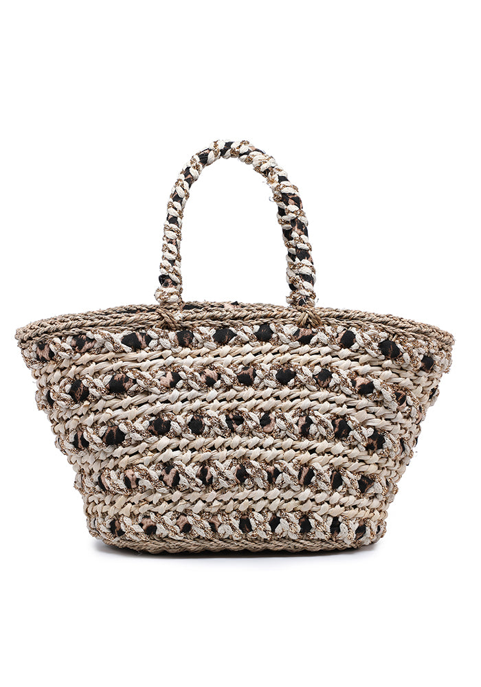 Metallic Braided Straw Tote Bag with Leopard Lining