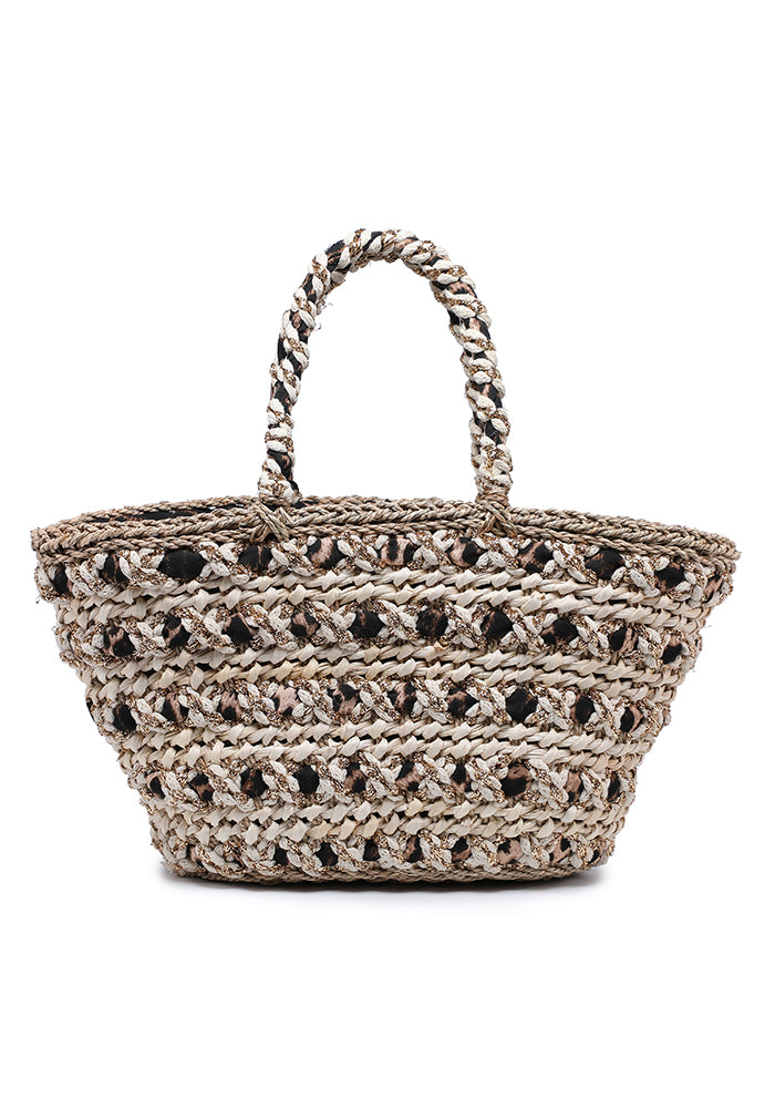 Metallic Braided Straw Tote Bag with Leopard Lining