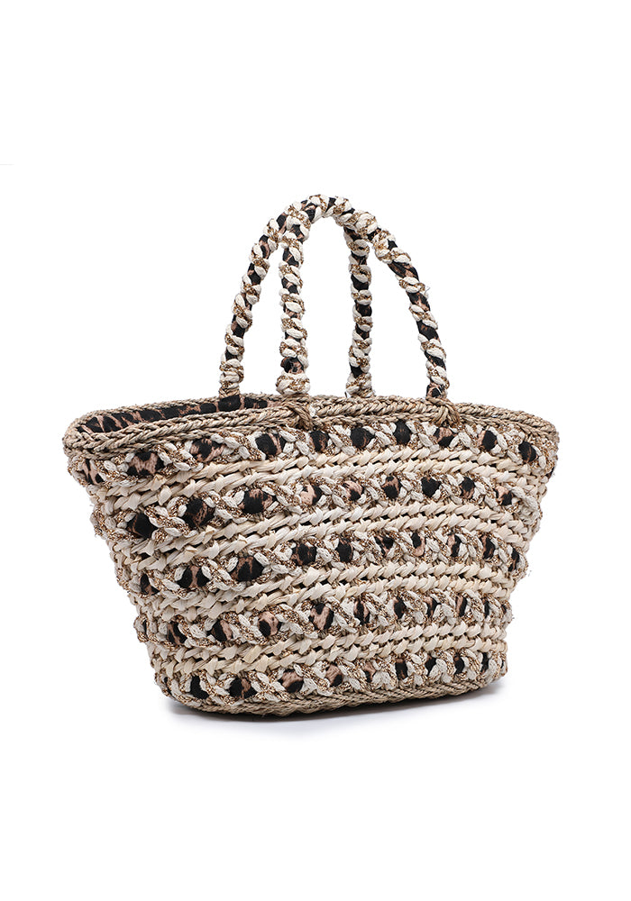 Metallic Braided Straw Tote Bag with Leopard Lining