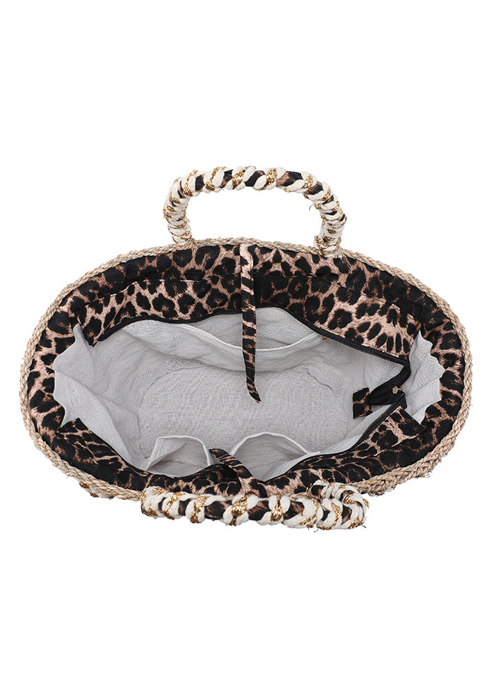 Metallic Braided Straw Tote Bag with Leopard Lining