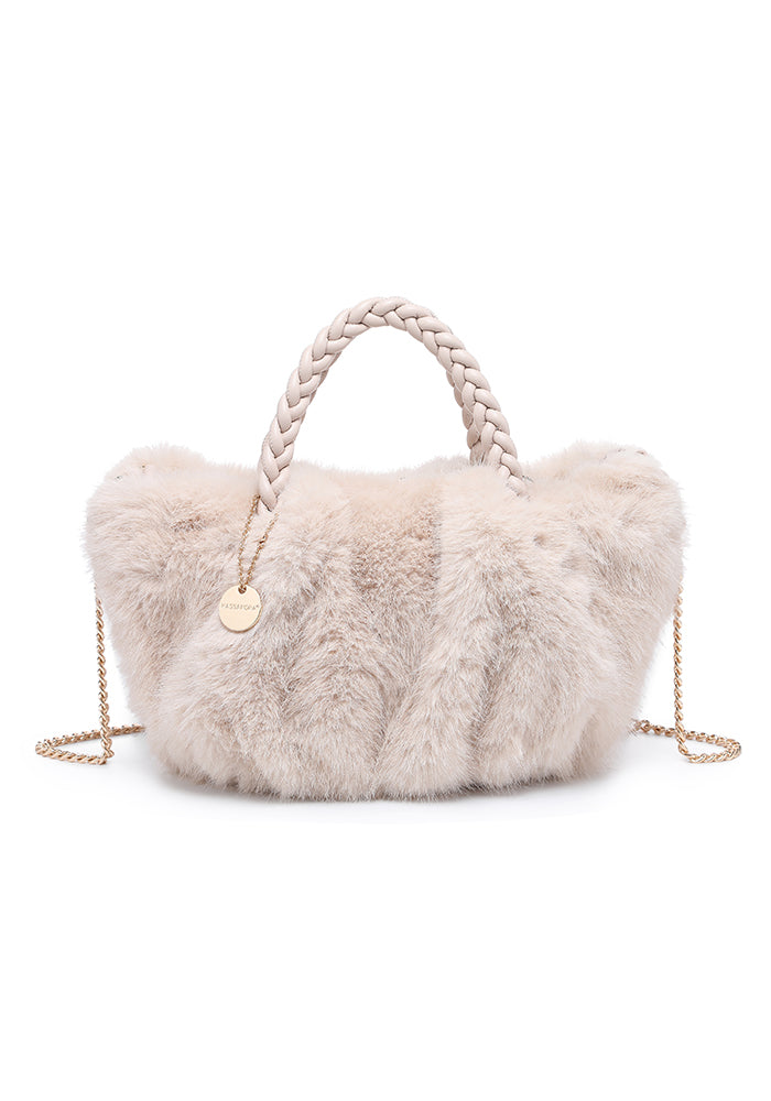 Faux Fur Braided-Handle Chain Tote