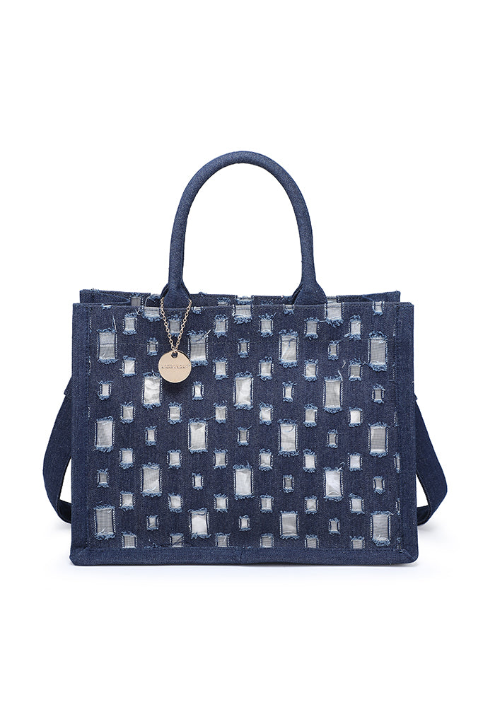 Stylish Denim Textured Tote Bag with Gold Accent